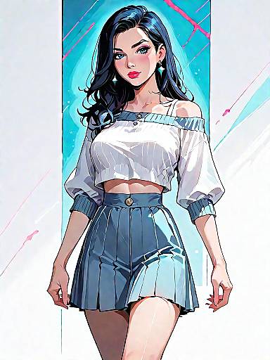 Stylish Woman in Off-Shoulder Crop Top and Striped Skirt