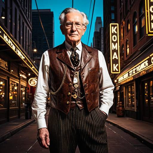 Elderly Steampunk Inventor in Neon City