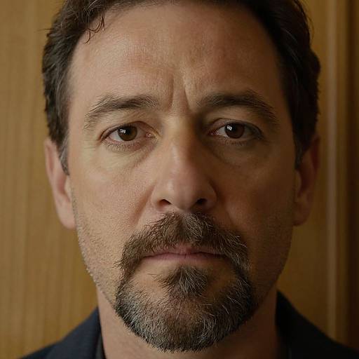 Close-up photograph of a serious-looking middle-aged man with short dark hair, brown eyes, and a salt-and-pepper goatee, against a wooden