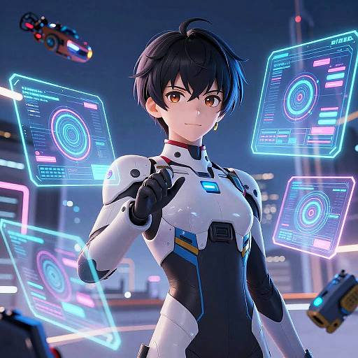 Anime-style digital artwork of a black-haired, brown-eyed, young woman in a futuristic white and black bodysuit, surrounded by glowing holographic interfaces