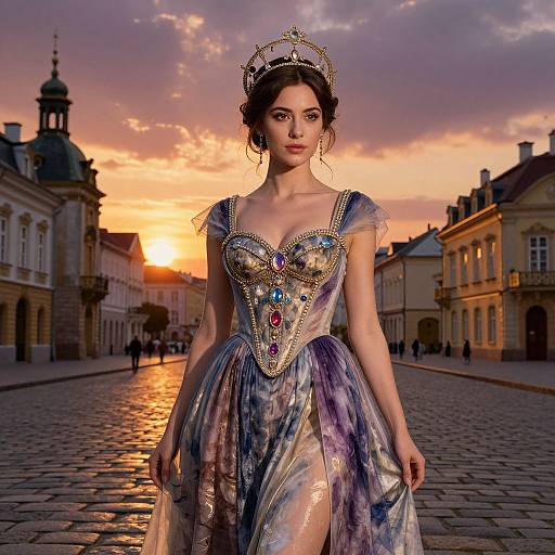 Photograph of a fair-skinned woman with dark hair wearing a metallic, jewel-embellished, purple and silver ball gown, crowned, standing