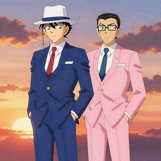 Anime Sunset Duo in Stylish Suits
