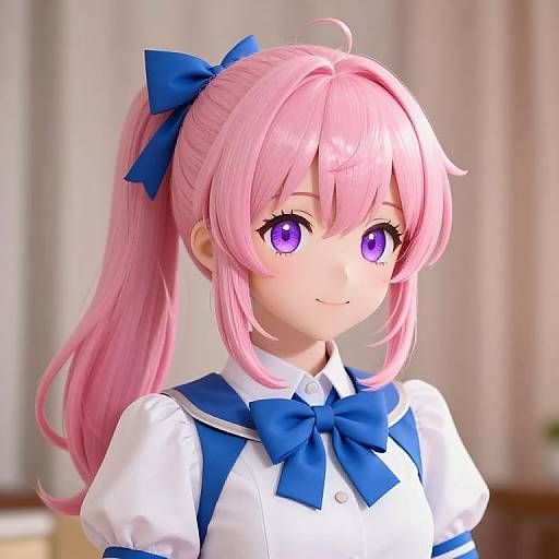 Digital anime-style portrait of a cute, pink-haired girl with purple eyes, wearing a white and blue school uniform with blue bows, smiling slightly. Background