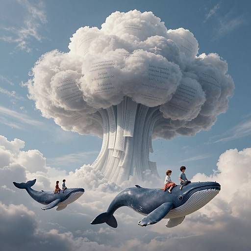 Fantasy illustration: Children riding whales, approaching a massive cloud-shaped library with text-filled puffs, against a bright blue sky.