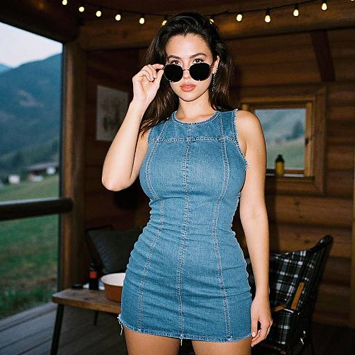 Photograph of a woman in a blue denim dress, wearing sunglasses, standing on a wooden porch with string lights, mountains in the background.