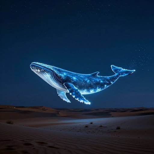 Photograph of a glowing blue humpback whale sculpture illuminated against a dark night sky over a desert landscape.
