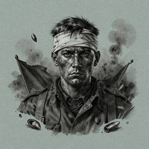 Black and white digital drawing of a serious, battered soldier with a bandaged head, military jacket, and falling bullets in the background.
