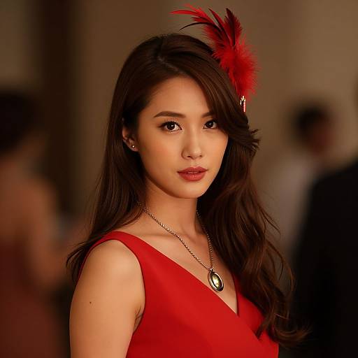 Photograph of a young Asian woman with long brown hair, wearing a red dress and red feather headpiece, with a silver pendant necklace, set against