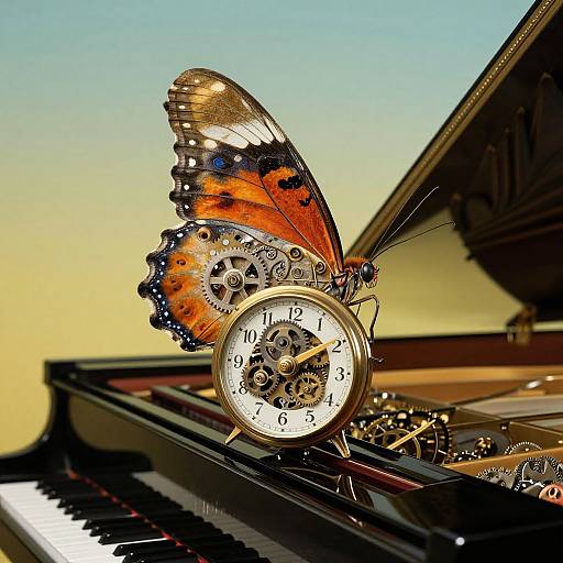 Photograph of a butterfly with orange and black wings perched on a clock with gears, atop an open grand piano, against a gradient blue to yellow
