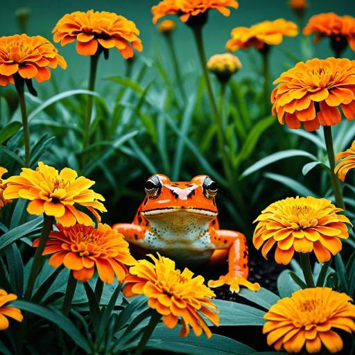 Vibrant Orange Frog Among Marigold Flowers Vibrant Orange Frog Among Marigold Flowers