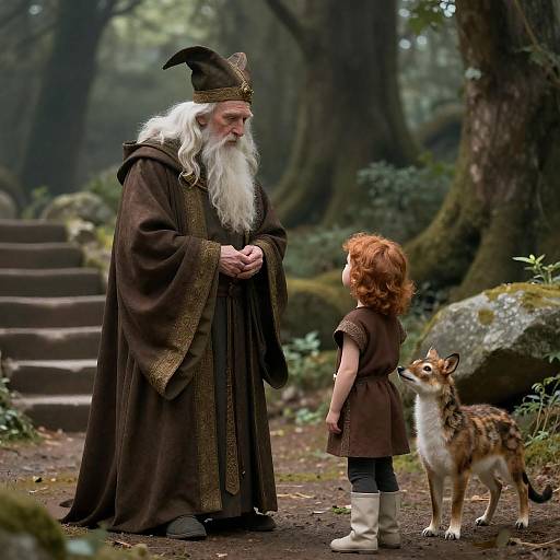 Elder Wizard and Child in Enchanted Forest