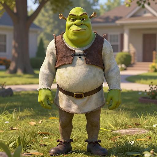 Photorealistic Shrek Character in Suburban Yard