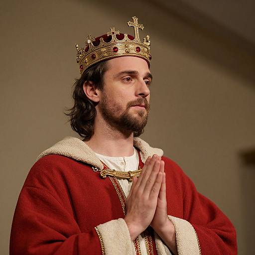 Photograph of a bearded man with long brown hair, wearing a gold and red crown, red robe with white fur trim, and hands in prayer