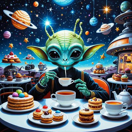 Alien Drinking Tea in Surreal Space Cafe