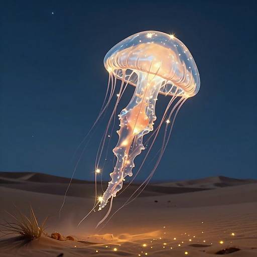 Photograph of a glowing jellyfish with translucent, illuminated bell and trailing tentacles, floating over a sandy desert at night.