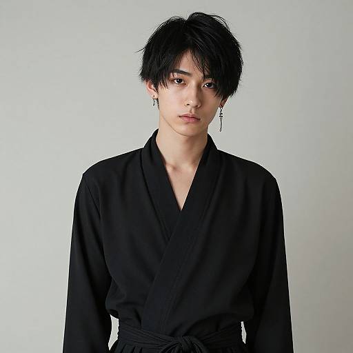 Photograph of an androgynous Asian person with short, messy black hair, wearing a black wrap shirt and a single earring, against a