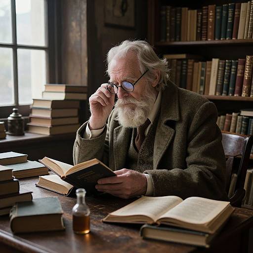 Photograph of an elderly man with white hair and beard, wearing glasses and a brown tweed suit, reading in a dimly lit, book-filled