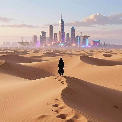 Serene Anime Dune with Sci-Fi Skyline