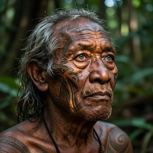 Photograph of an elderly, shirtless Indigenous man with intricate black face and body tattoos, gazing upward in a dense forest.