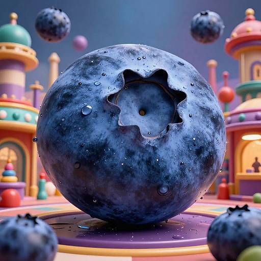 Digital artwork of a blue, textured, moon-like sphere with a star-shaped hole, surrounded by floating blueberries in a colorful, whimsical, dome
