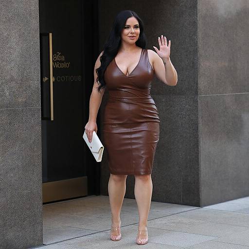 Curvy Woman in Brown Leather Dress