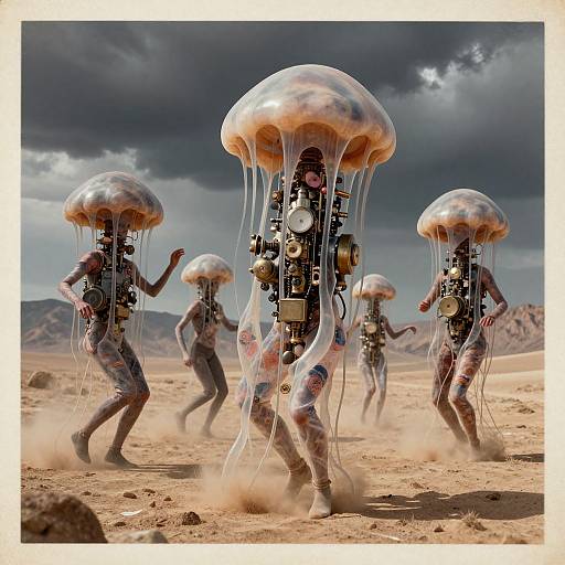 Photorealistic digital artwork: Six humanoid figures with jellyfish-like transparent domes and mechanical bodies running in a desert under dark, stormy sky.