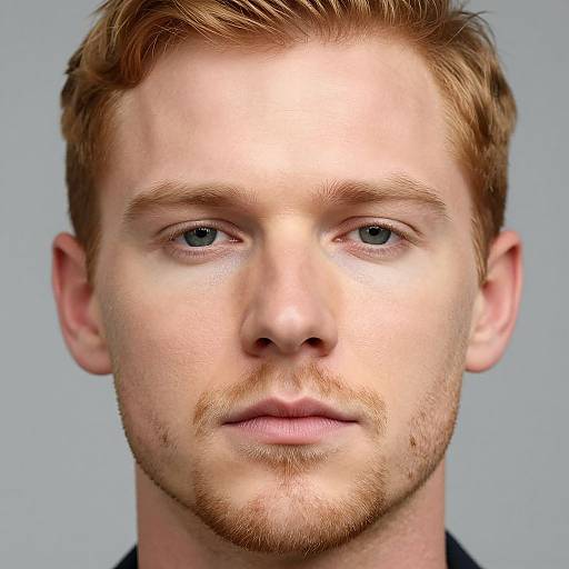 Close-up photograph of a fair-skinned, red-haired man with blue eyes, light beard, and subtle freckles, against a plain gray background