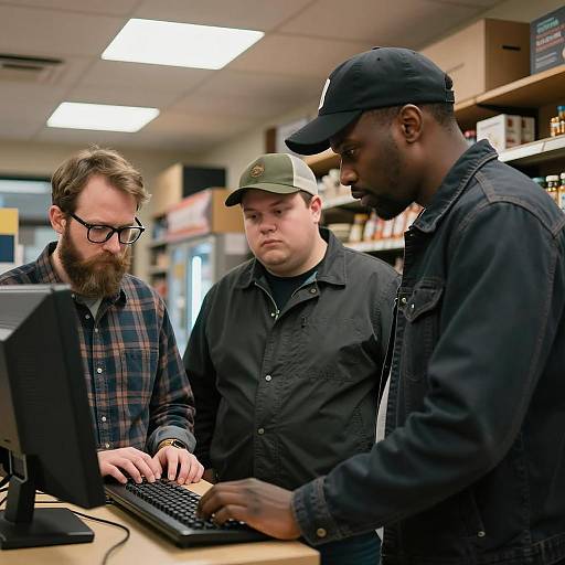 Three Men Engaged with an Old Computer