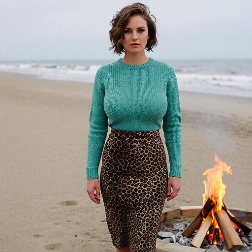 Photograph of a curvy woman with short brown hair, wearing a teal sweater and leopard-print skirt, standing by a beach fire.