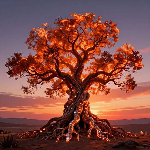 Digital artwork of a glowing, fiery tree with twisted roots at sunset; vibrant orange leaves, purple sky, and distant mountains.