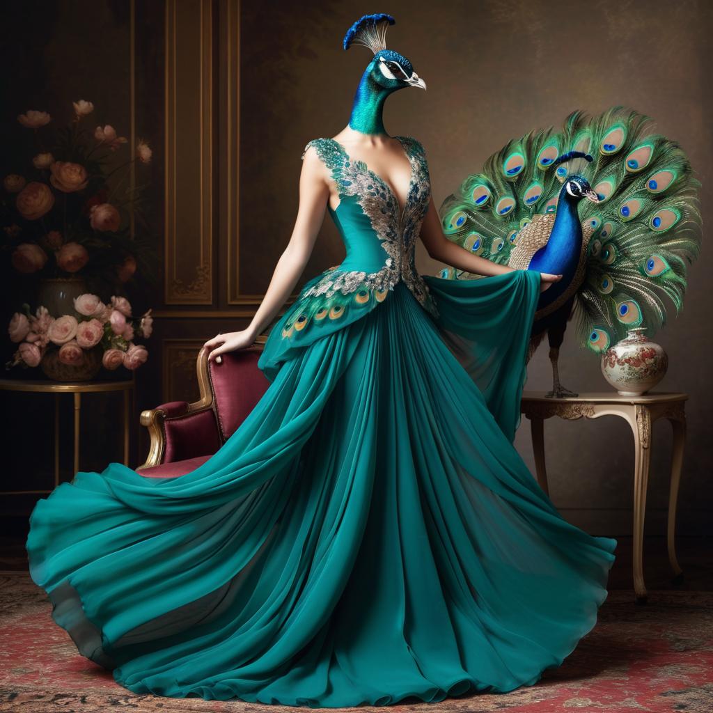 Elegant Peacock in Chiffon Dress Pose