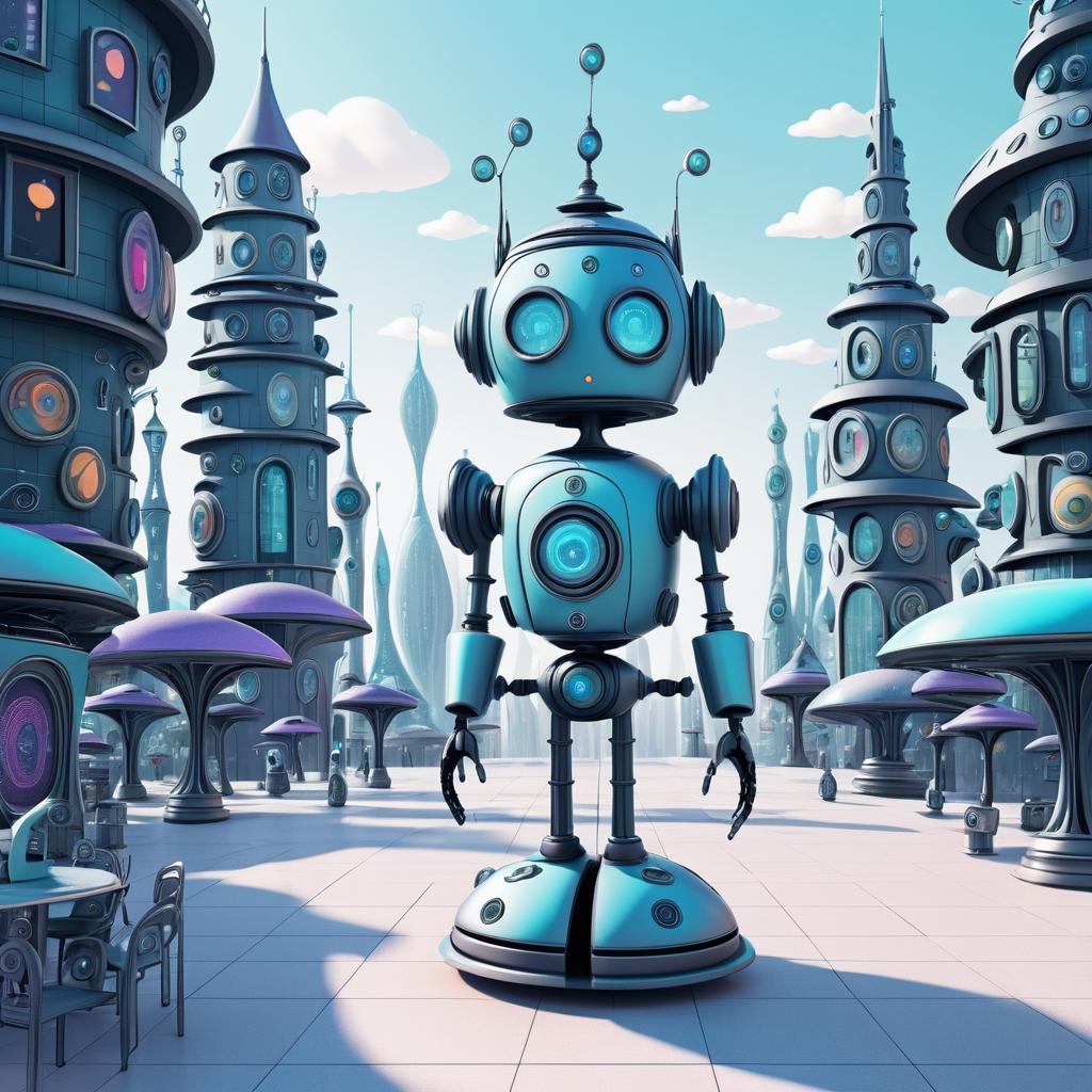 Whimsical Robot in Futuristic Plaza