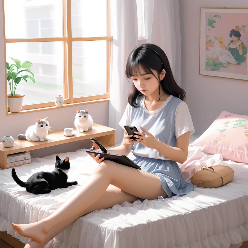 Anime Girl with Kittens on Bed