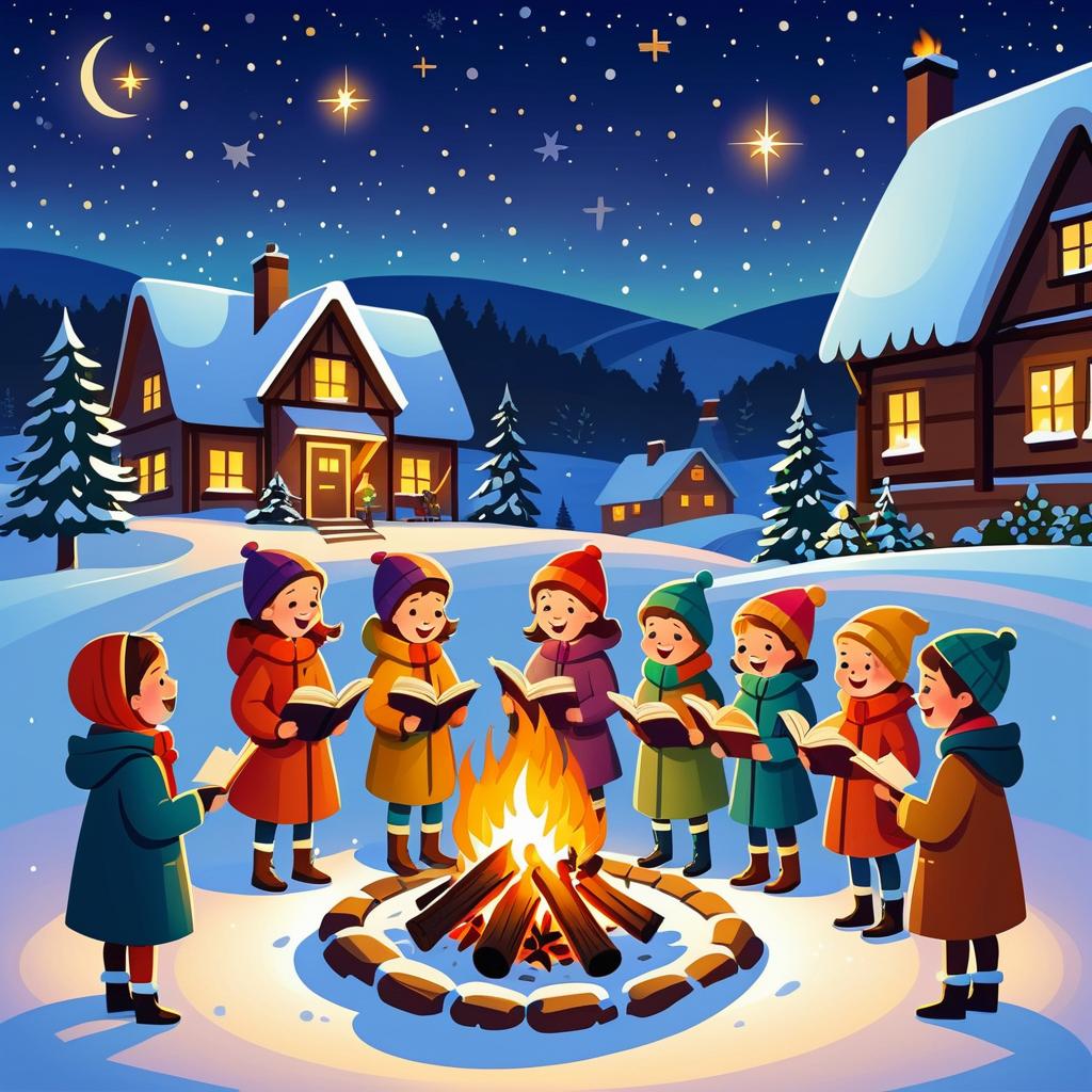 Children Singing Carols by a Bonfire