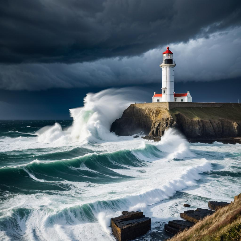 Dramatic Lighthouse Against Stormy Seas