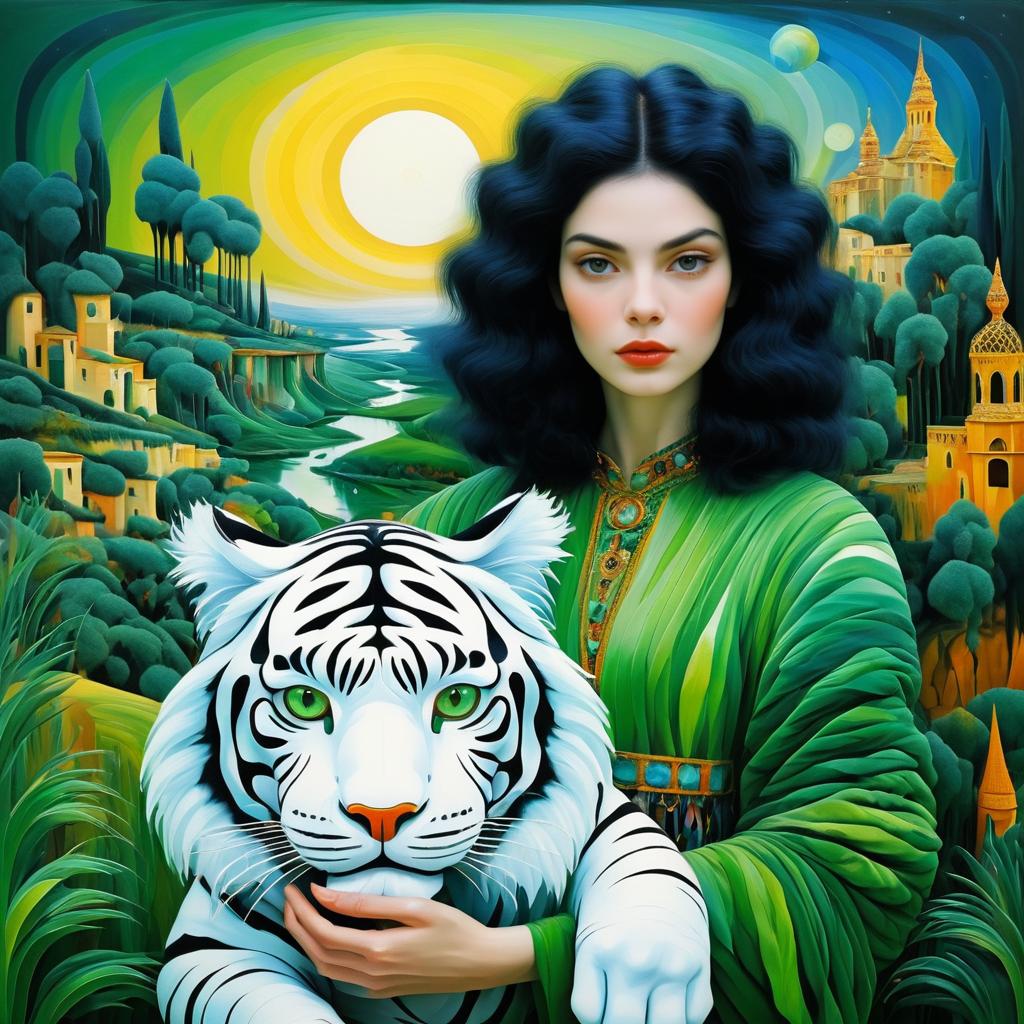 Dreamlike Scene with Albino Tiger and Woman