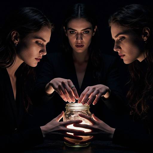 Photograph of three women with dark hair, wearing black, intensely focused on a lit jar candle, hands gently touching it, against a dark background.