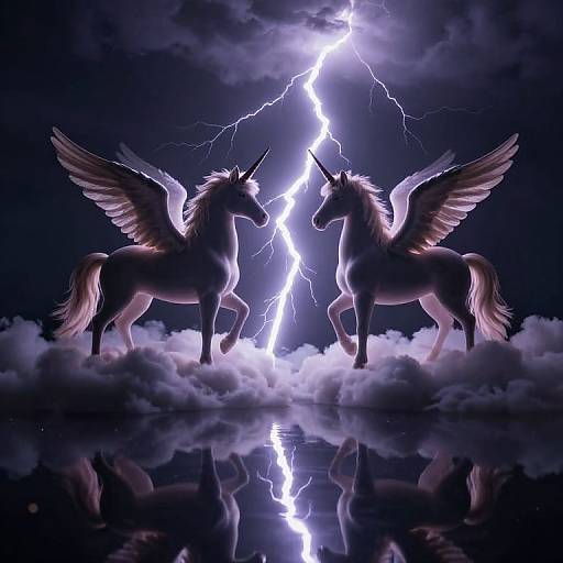 Digital artwork of two winged unicorns with lightning bolts between them, standing on clouds, illuminated by purple lightning, with reflections below.
