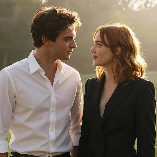 Photograph of a brown-haired man in a white shirt and a red-haired woman in a black blazer, standing outdoors, smiling at each other in