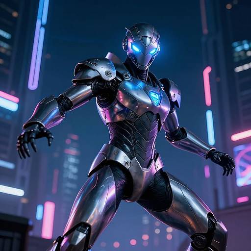 CGI image of a futuristic, metallic, humanoid robot with glowing blue eyes and lights, standing in a neon-lit cityscape at night.