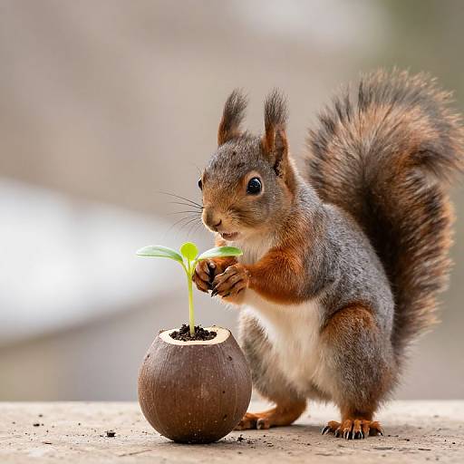Photograph of a cute, fluffy gray squirrel with a bushy tail, gently nibbling a small green plant in a brown pot.