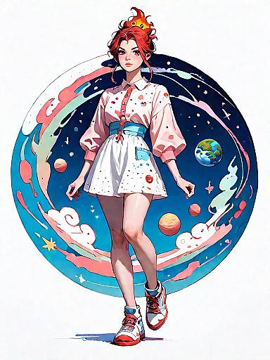 Stylized Woman in Pink and White Mini Dress with Planet Motif
