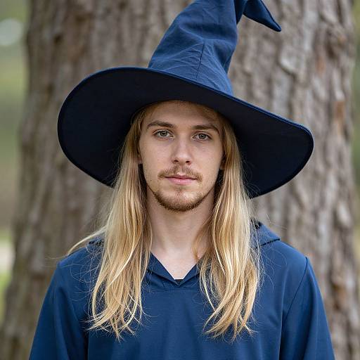 Photograph of a young man with long blonde hair, blue eyes, and a goatee, wearing a navy blue wizard hat and matching robe, standing