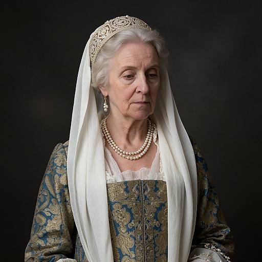 Photograph of an elderly white woman with white hair, wearing a blue and gold ornate dress, pearl necklace, white veil, and tiara,