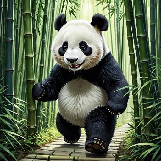 Cute Cartoon Panda in Bamboo Forest