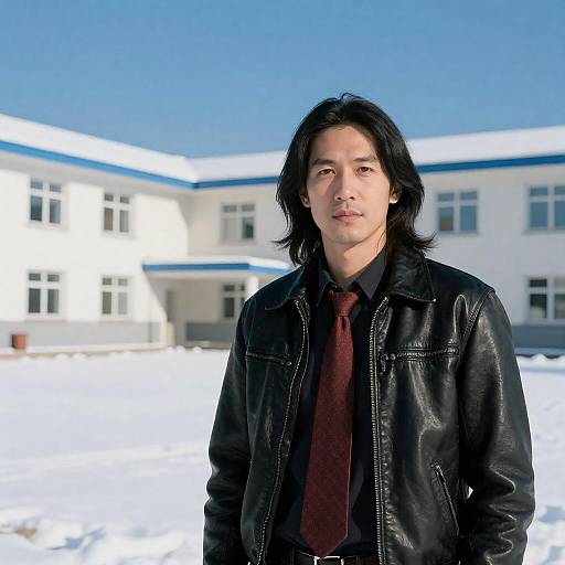Man in Snowy Courtyard with Jacket