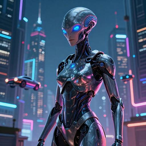 CGI image of a futuristic, silver humanoid robot with glowing blue eyes, standing in a neon-lit, cyberpunk cityscape at night.