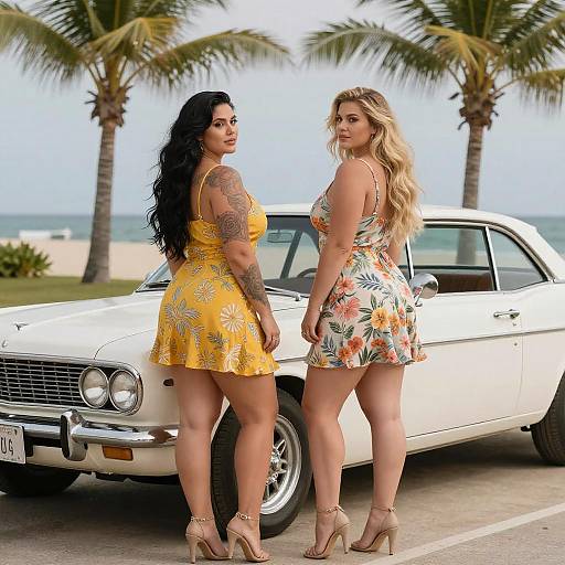 Curvy Women by Classic Car on Beach