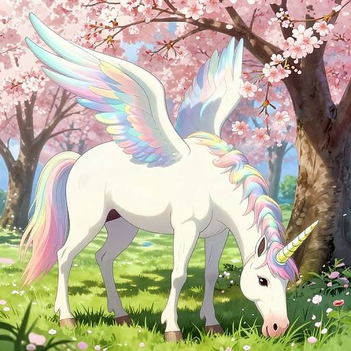 Digital artwork of a white, winged unicorn with pastel rainbow mane and tail grazing under pink cherry blossom trees in a sunlit, grassy me