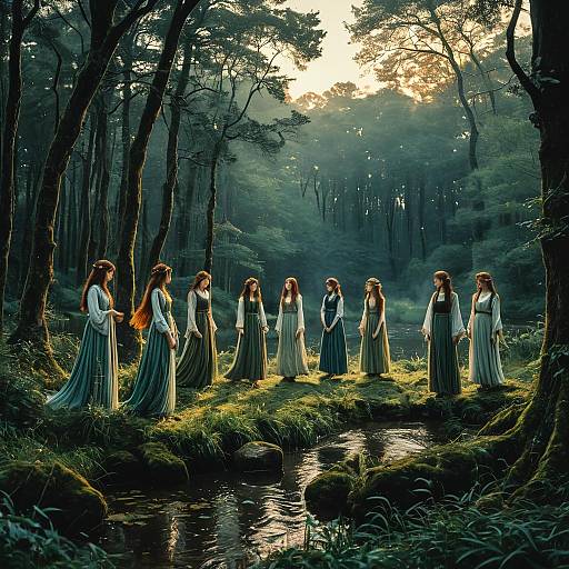 Twelve Ethereal Forest Nymphs at Golden Hour